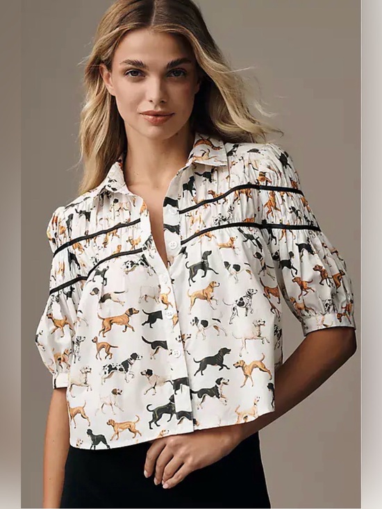 Maeve Tops - Anthropologie Maeve The Leandra Shirred Yoke Cotton Dog Print Puff Sleeve Blouse